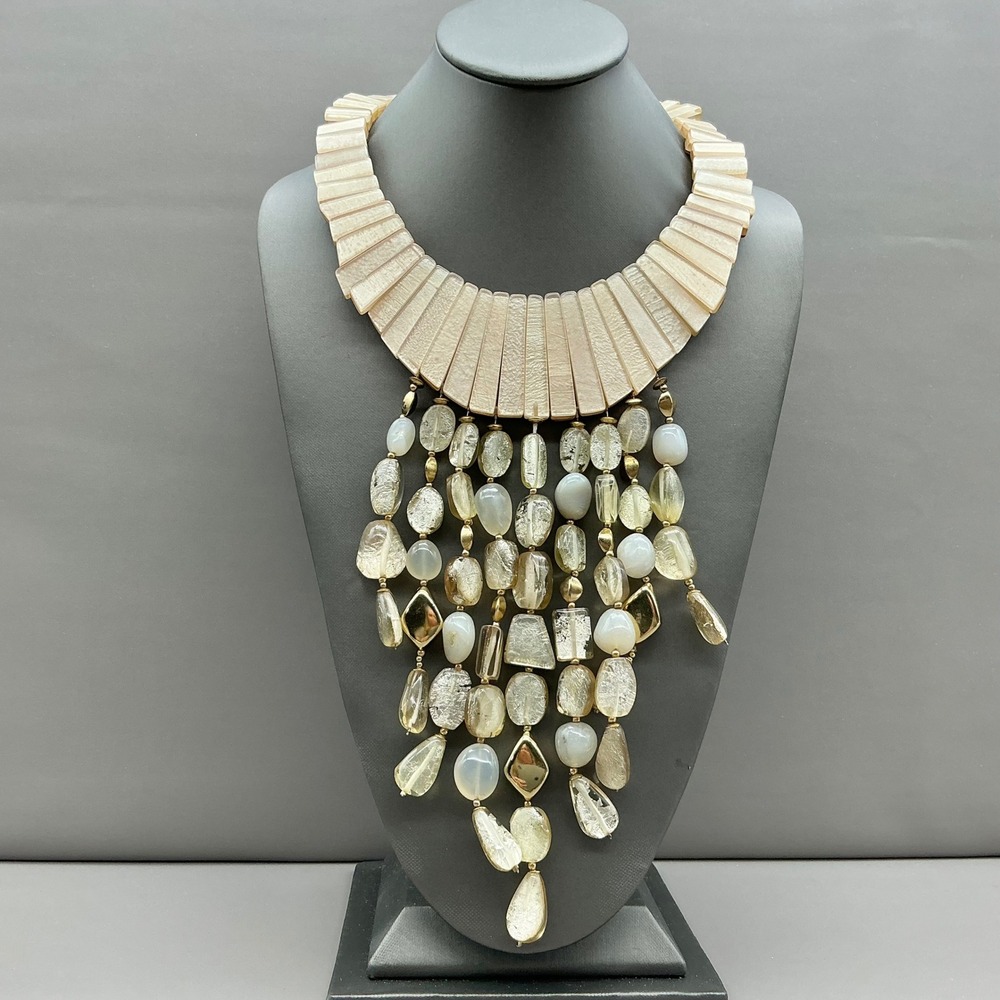 Chico's Necklace Cream Gold Tone Beaded Waterfall Bib Collar Statement Signed